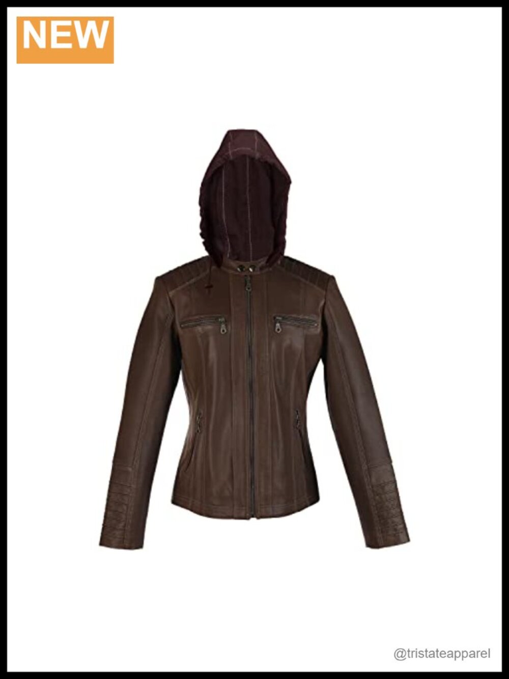 Women's Real Lambskin Leather Biker Jacket with Removable Hood Center Zip